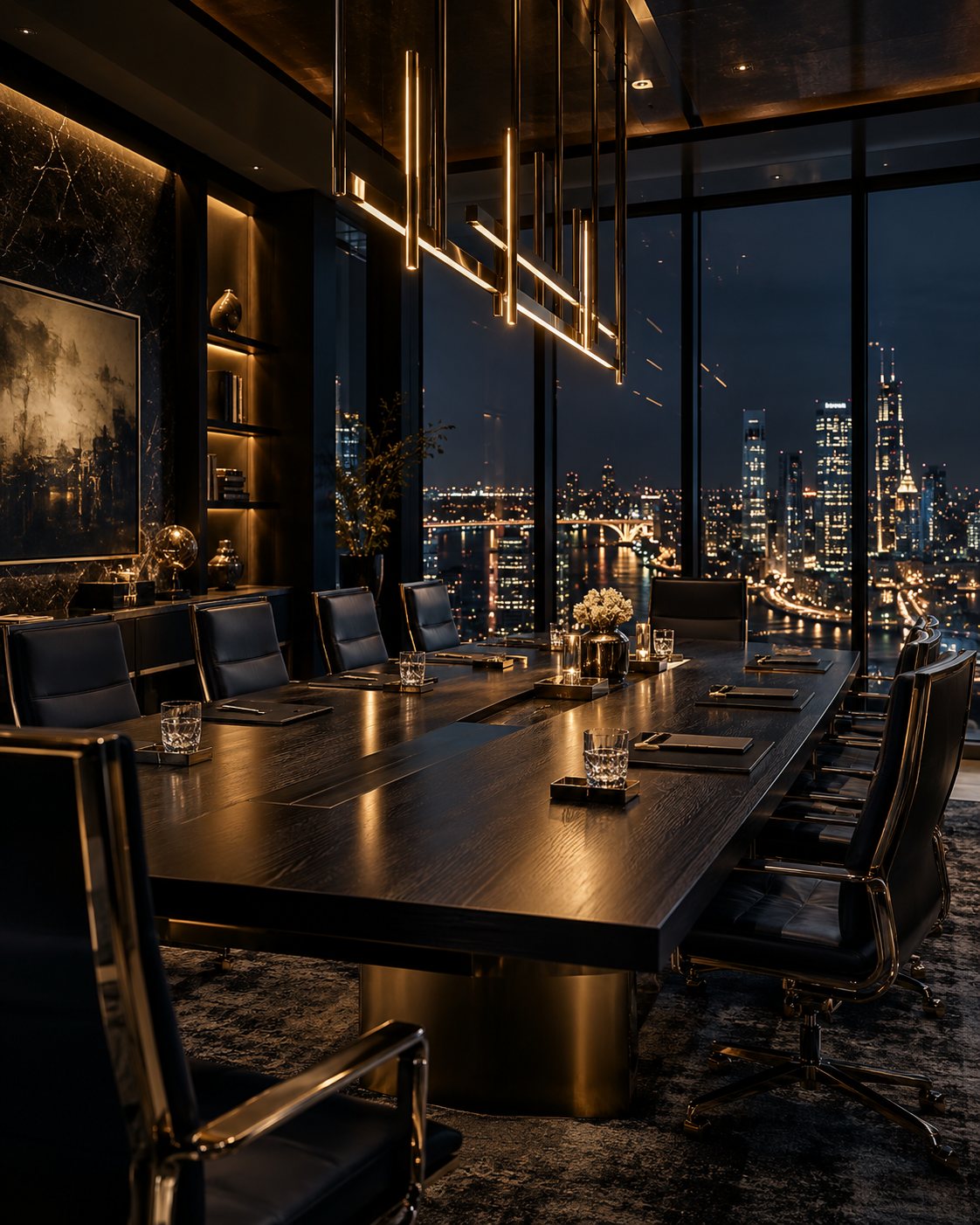 A dark, gold-lit boardroom overlooking a city skyline at night